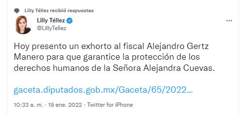 La legisladora panista también emitió un exhorto para aclarar el caso de Alejandra Cuevas (Twitter: @LillyTellez)