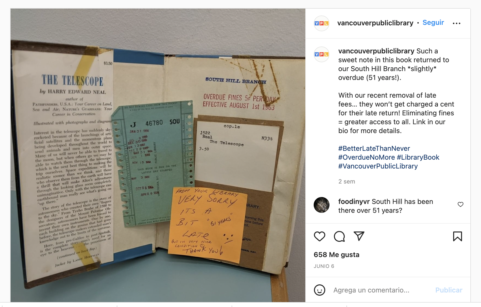 La biblioteca compartió una publicación de Instagram donde muestra el libro y la nota que acompañó su devolución.