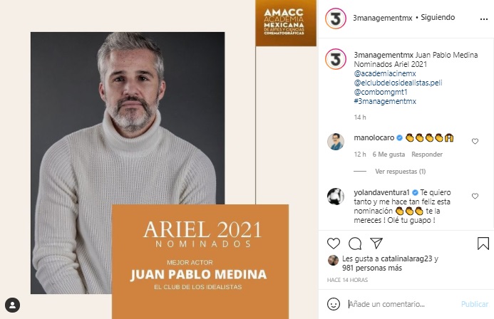 Juan Pablo Medina reapareció así para celebrar su nominación en los premios  Ariel - Infobae