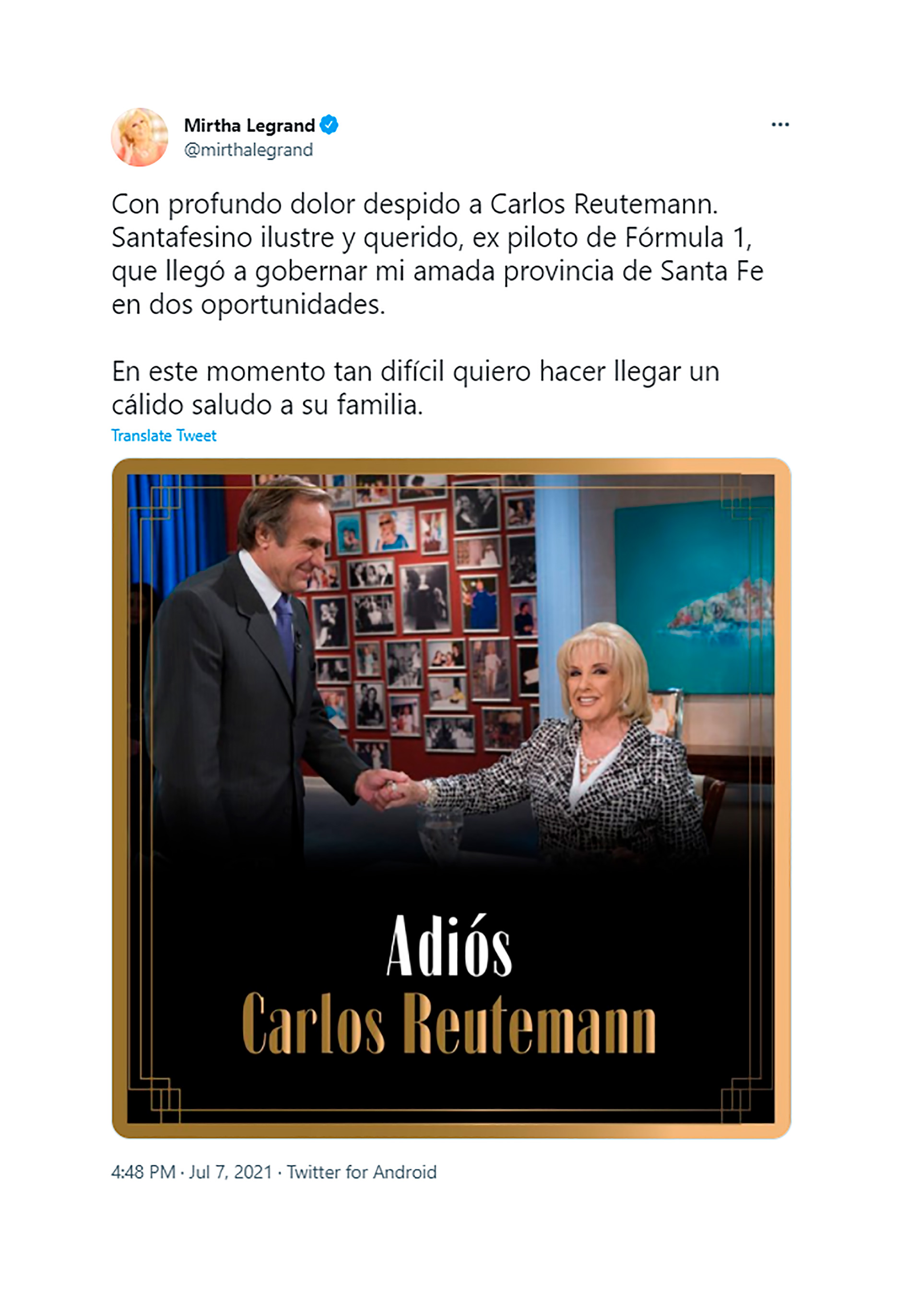 El tweet de Mirtha Legrand para despedir a Carlos Reutemann