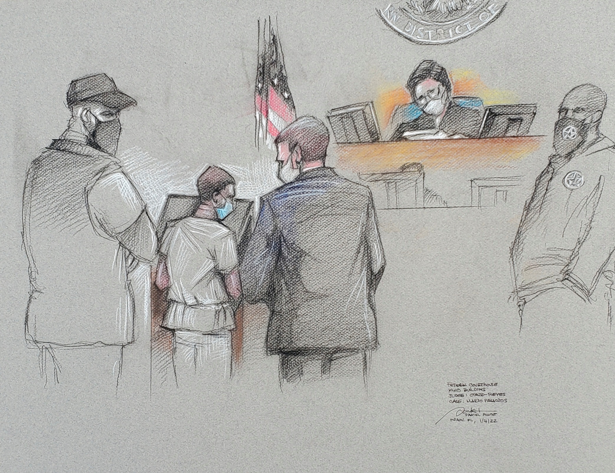 Mario Antonio Palacios, 43, a Colombian national who was arrested and charged in the United States in connection with the plot to assassinate Haitian President Jovenel Moise, appears in court in Miami, Florida, U.S., January 4, 2022 in this courtroom sketch. Daniel Pontet/Handout via REUTERS THIS IMAGE HAS BEEN SUPPLIED BY A THIRD PARTY. NO RESALES. NO ARCHIVES