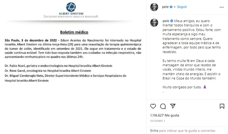 Cuenta de Instagram de Pelé informó que el exjugador seguía llevando su tratamiento normalmente. (Captura)