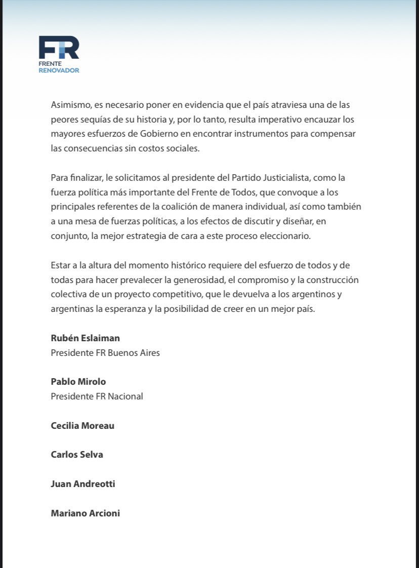 El pedido del Frente Renovador a Alberto Fernández 