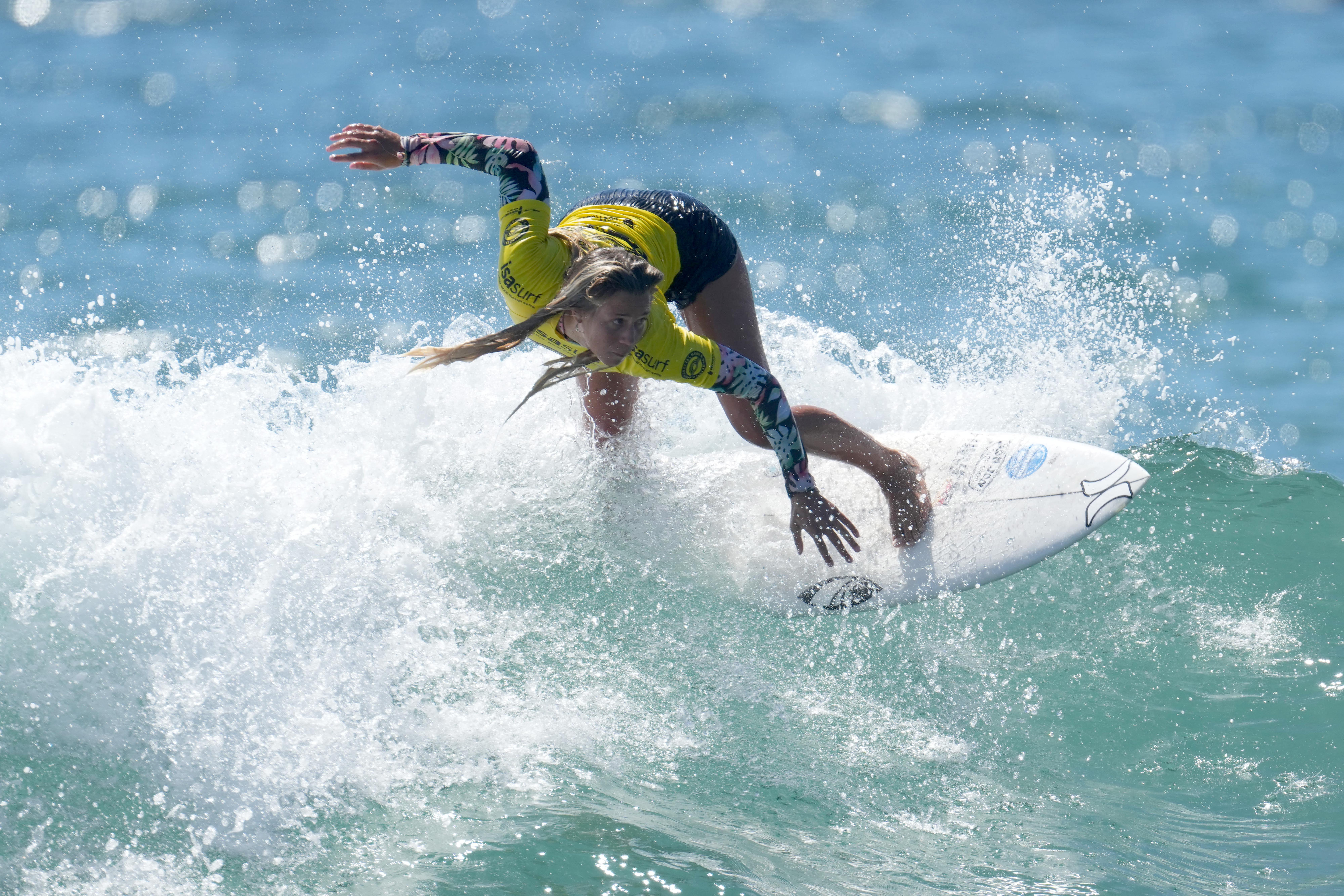 Sep 23, 2022; Huntington Beach, California, USA; Rachel Presti (GER) competes in the Aloha Cup at the ISA World Surfing Games. Mandatory Credit: Kirby Lee-USA TODAY Sports