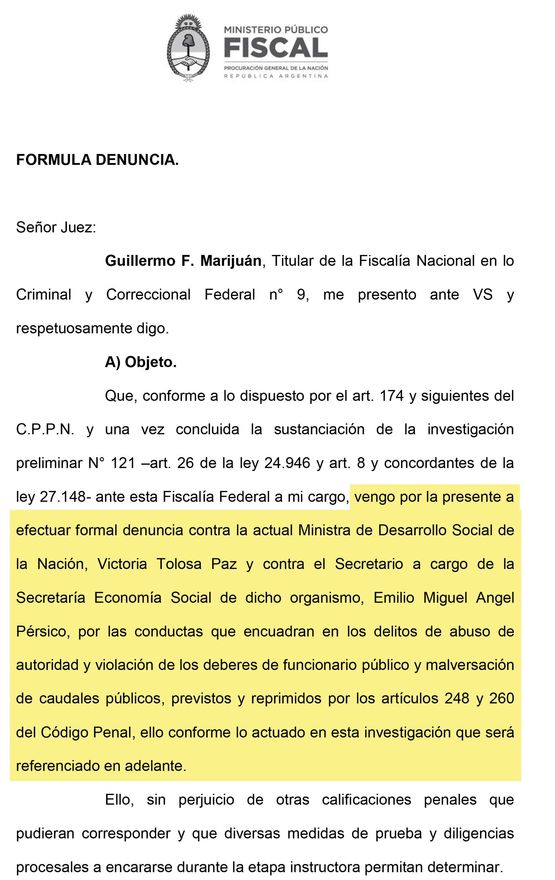 El fiscal Guillermo Marijuán denunció a la ministra de Desarrollo Social, Victoria Tolosa Paz y a Emilio Pérsico por incumplimiento en sus funciones