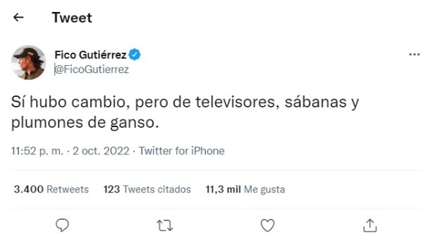 Federico Gutiérrez: “Sí hubo cambio, pero de televisores, sábanas y plumones de ganso”, escribió desde su cuenta en Twitter.