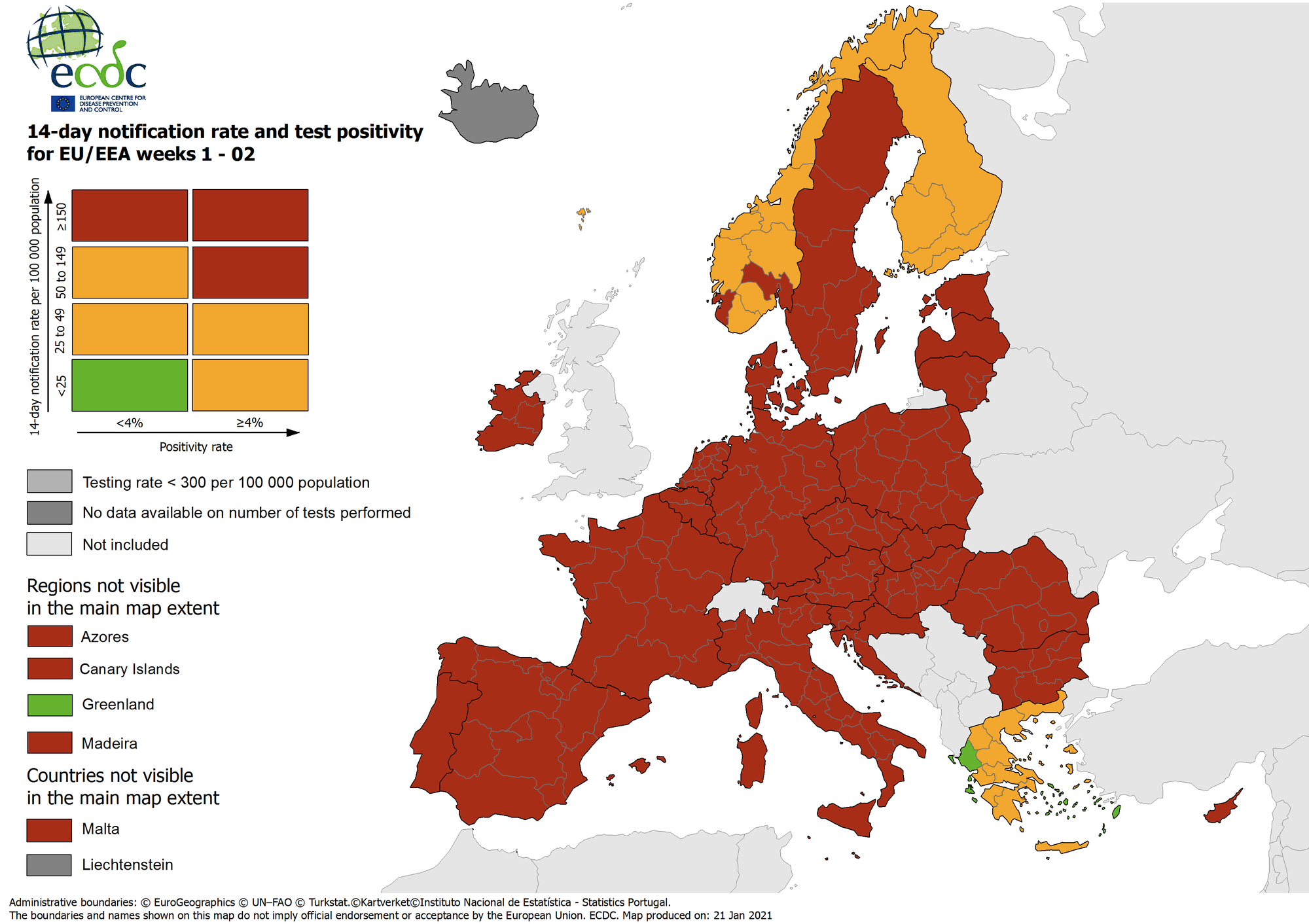 Indicador combinado: tasa de notificación de 14 días, tasa de prueba y positividad de la prueba, actualizado el 21 de enero de 2021 (Centro Europeo de Control de Enfermedades)