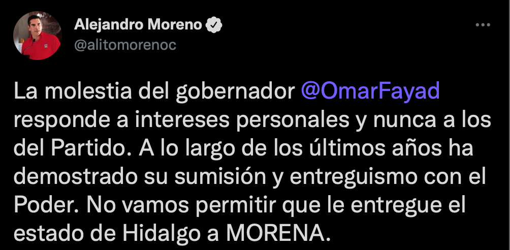 Alejandro Moreno acusó a Fayad de sumisión ante Morena (Foto: Twitter/@alitomorenoc)