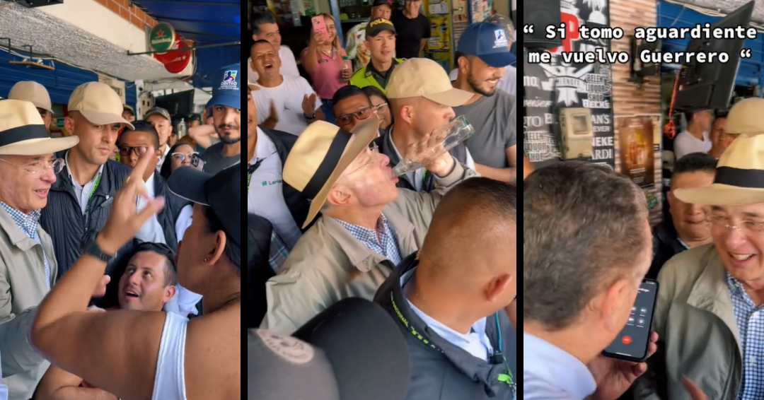 Al expresidente Álvaro Uribe le ofrecieron brindar con aguardiente en una de las calles de la Comuna 16 en Medellín. Crédito: @juandajuventud / TikTok