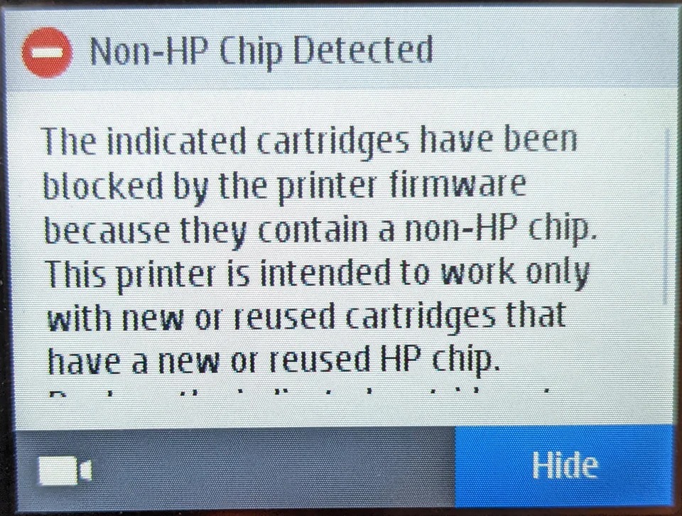 HP bloquea cartuchos de tinta ajenos a la marca. (u/grhhull/Reddit)
