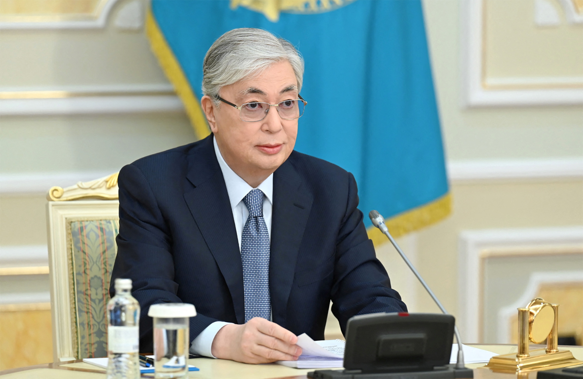 Kazakh President Kassym-Jomart Tokayev attends a session of parliament via a video link in Nur-Sultan, Kazakhstan January 11, 2022. Official website of the President of Kazakhstan/Handout via REUTERS ATTENTION EDITORS - THIS IMAGE HAS BEEN SUPPLIED BY A THIRD PARTY.
