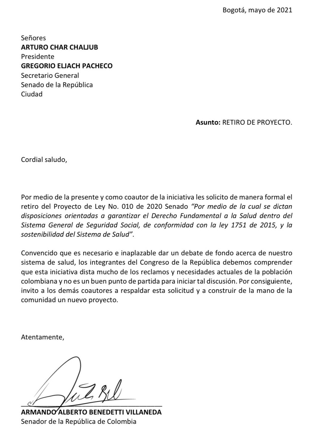 Carta de Armando Benedetti dirigida al Congreso de la República pidiendo el retiro de la reforma de salid. Twitter @AABenedetti