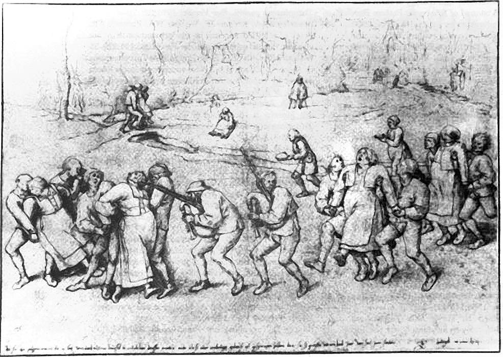 Dibujo de 1564, de Pieter Brughel "El viejo", llamado "El baile de San Juan el Bautista", en honor a uno de los santos a los que su culpó como responsables de la pandemia de baile 