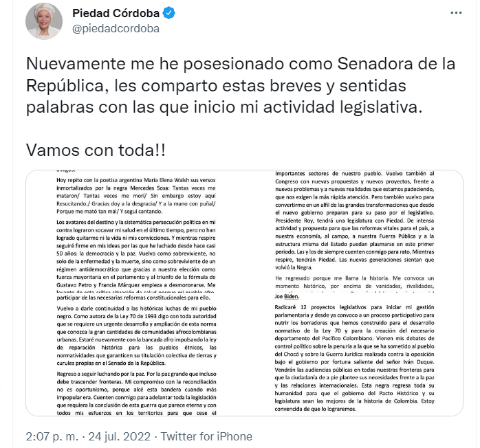 A través de un trino, Piedad Córdoba compartió el discurso que dio en su posesión como senadora de Colombia.
FOTO: vía Twitter (@piedadcordoba)