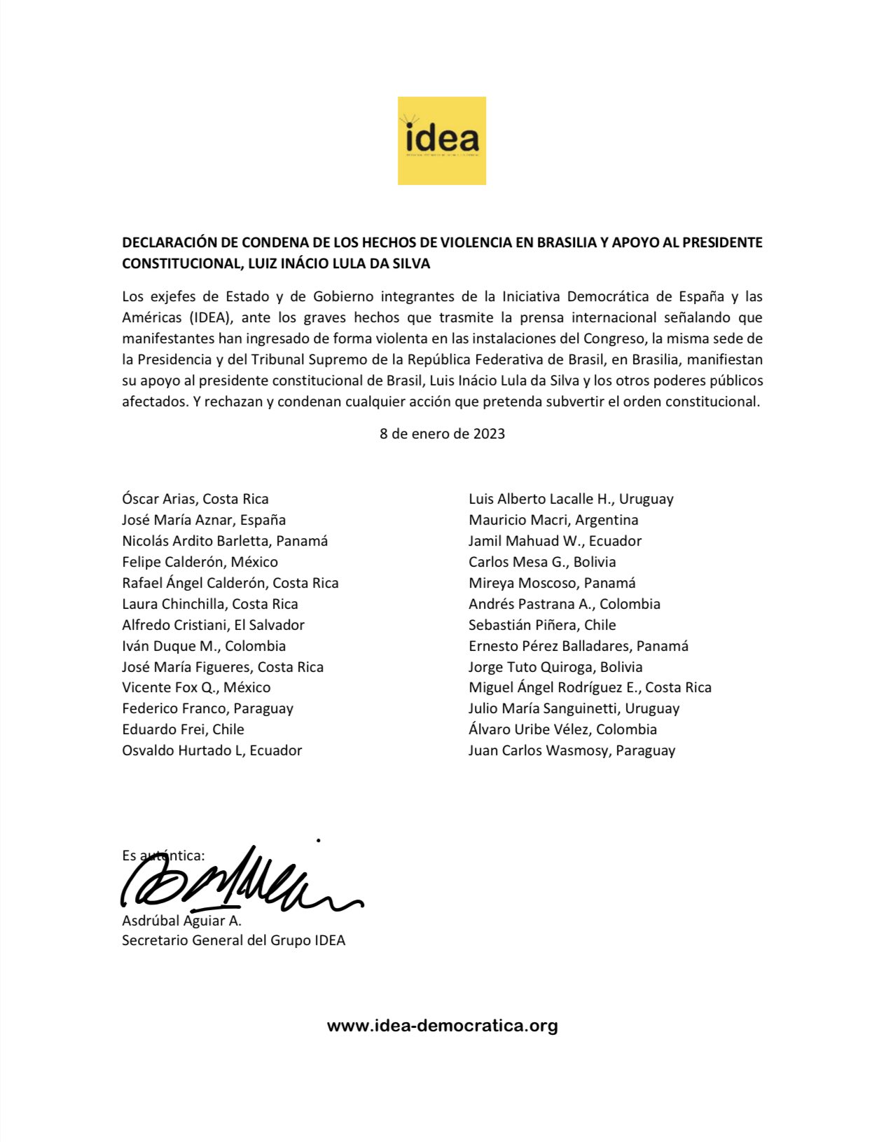 Comunicado de IDEA contra protestas violentas en Brasil. (Twitter Iván Duque)