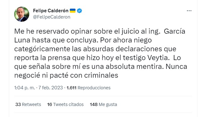 A través de una publicación en Twitter, el ex mandatario negó que haya pactado con criminales  
(Foto: captura de pantalla/Twitter/@FelipeCalderon)