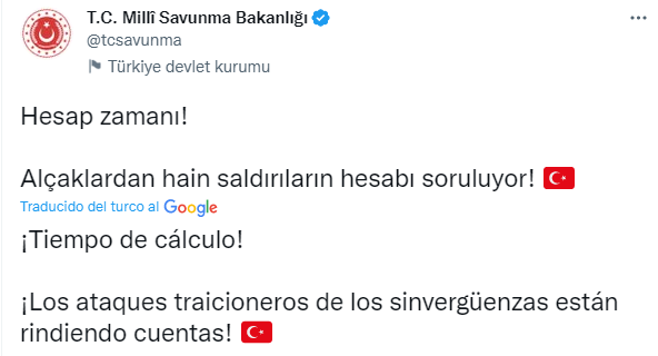 Tuit del ministerio de Defensa de Turquía