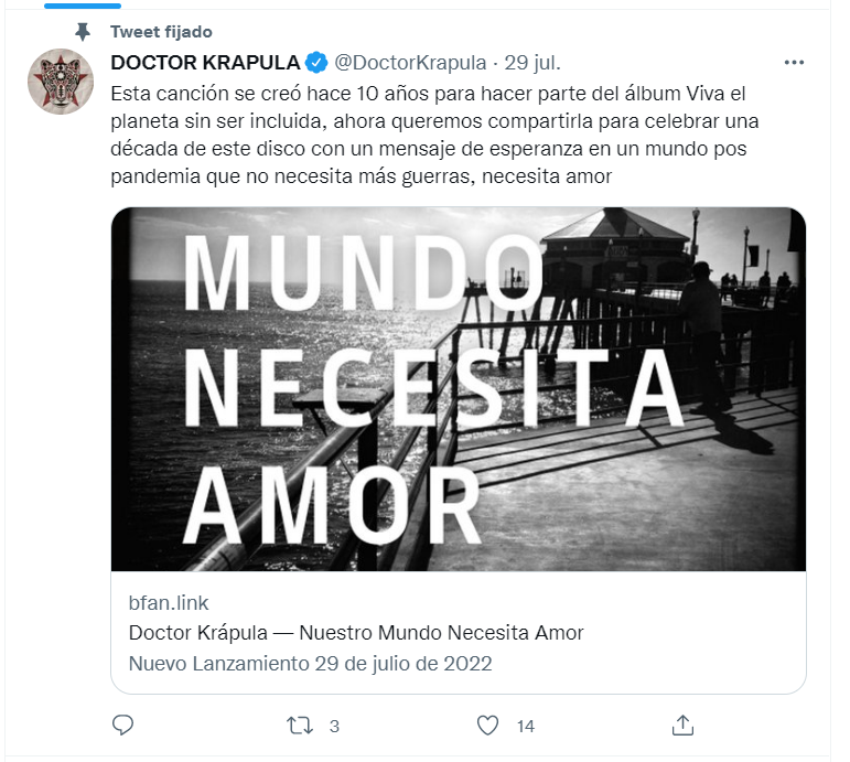 Doctor Krapula compartió en sus redes sociales el sencillo "Nuestro Mundo Necesita Amor" canción realizada hace 10 años y que sería parte del álbum Viva el Planeta
Foto: Vía Twitter @DoctorKrapula