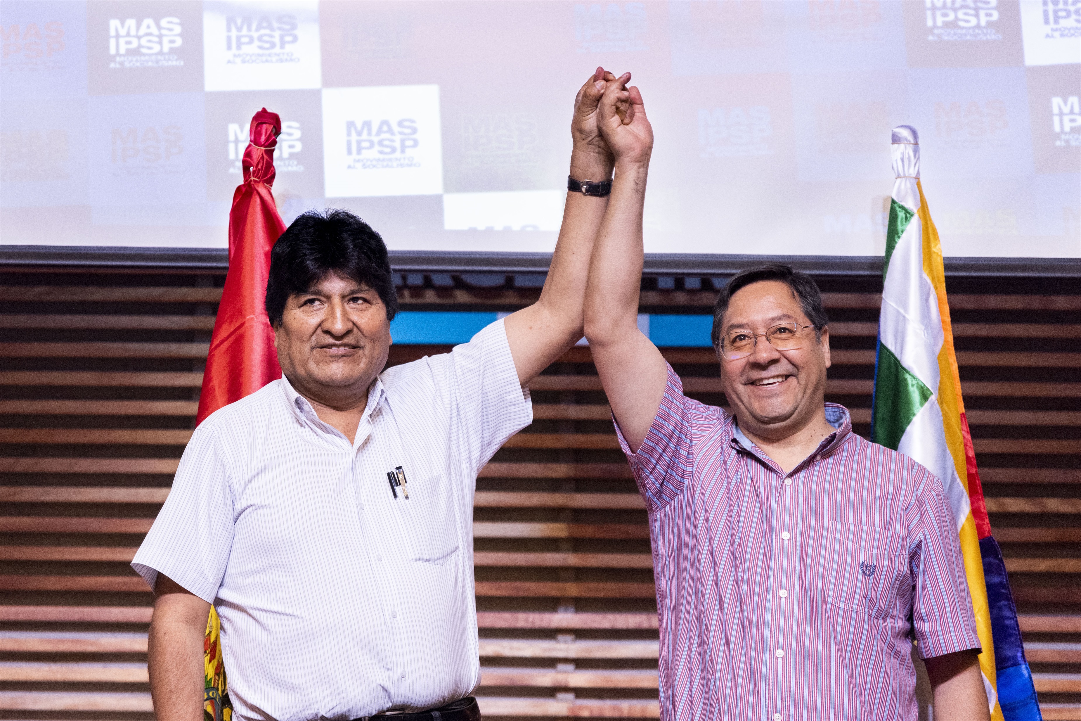 El ex presidente de Bolivia Evo Morales y el candidato del MAS, Luis Arce