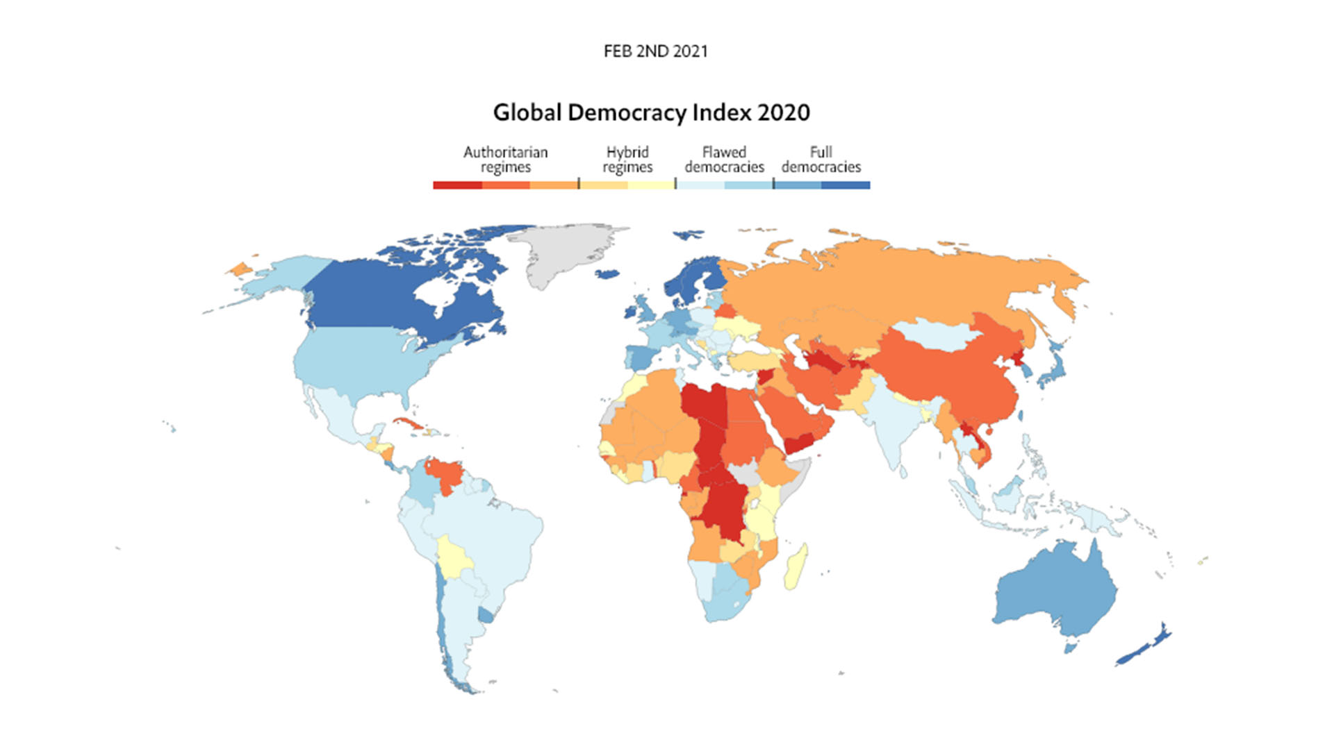 Mapa de calor del Índice de Democracia de The Economist
