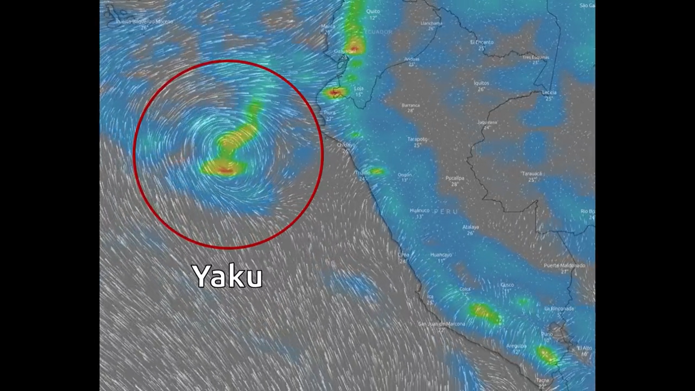 Un ciclón de características tropicales no organizado "Yaku" se desarrolla frente al mar peruano, informó el Senamhi. | Captura