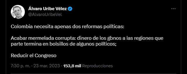 Las reformas que propone el expresidente Álvaro Uribe. Crédito: @AlvaroUribeVel/Twitter