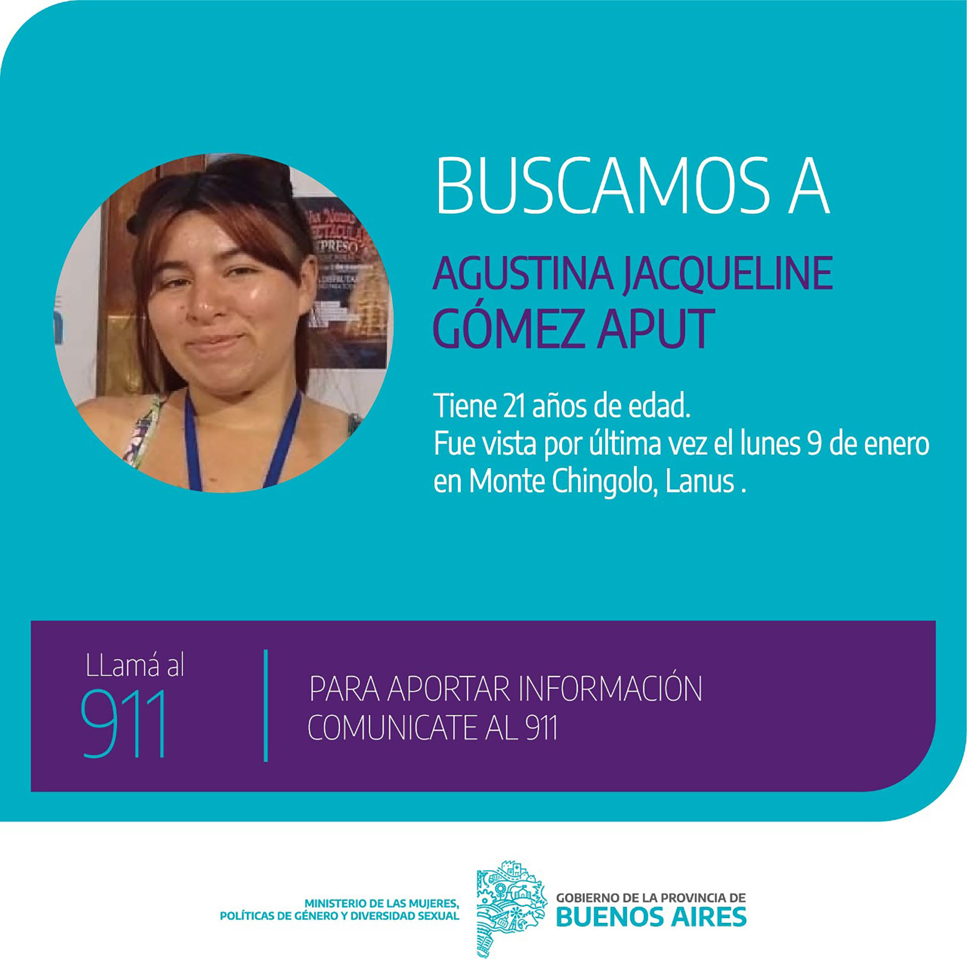 El flyer de búsqueda de Agustina Jacqueline Gómez Aput