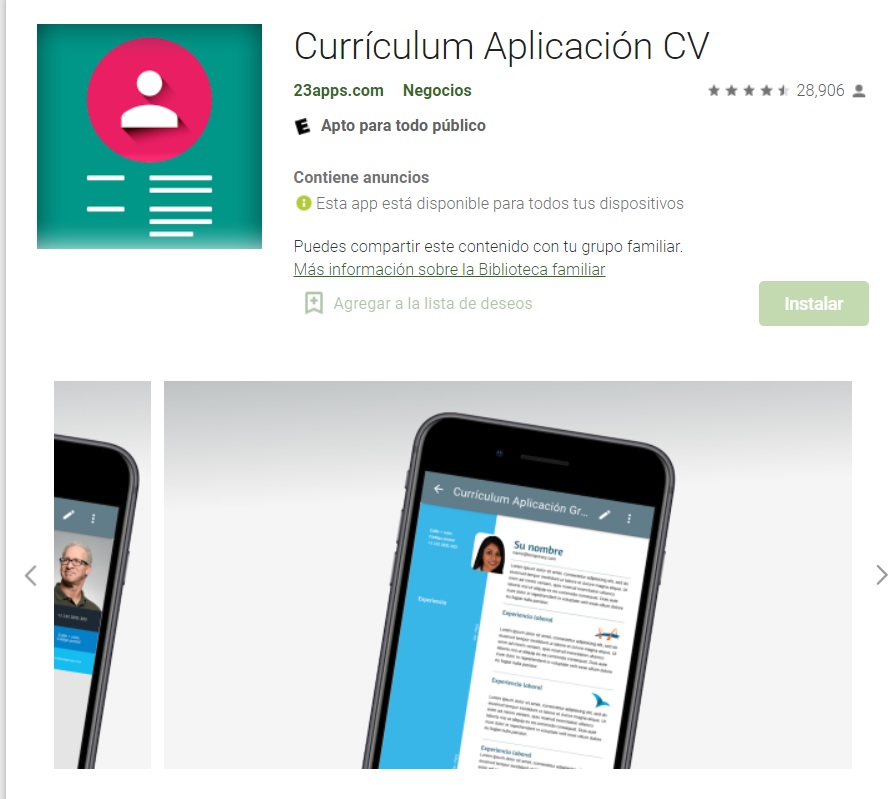 Currículum Aplicación CV está disponible para Android