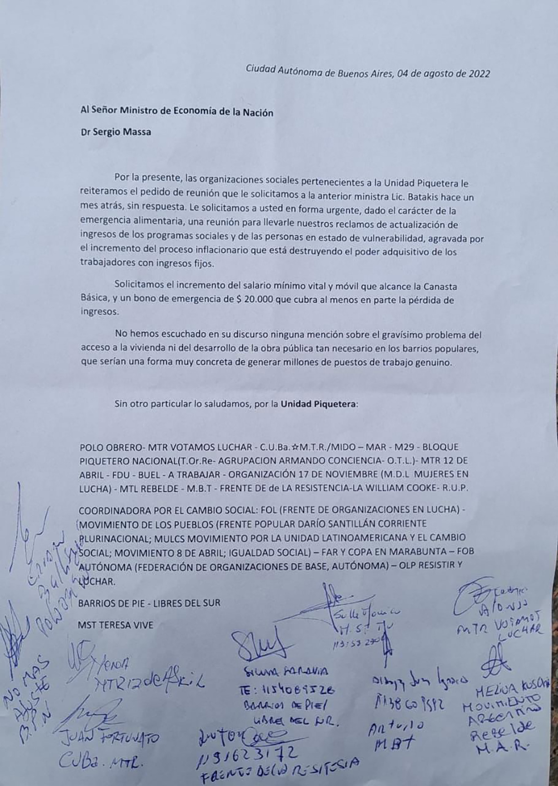 La carta que la Unidad Piquetera presento en el ministerio de Economía. Reclaman una reunión y medidas "urgentes" para los sectores más desprotegidos