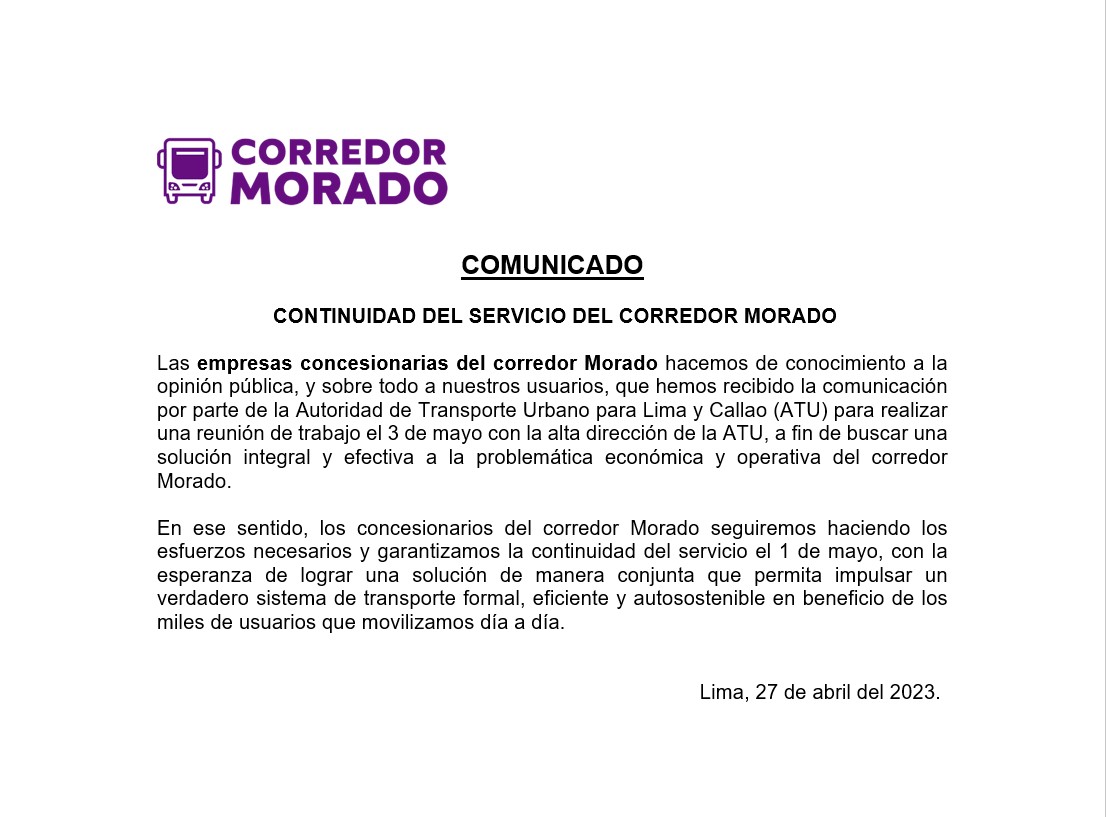 Comunicado de la junta de operadores del corredor morado