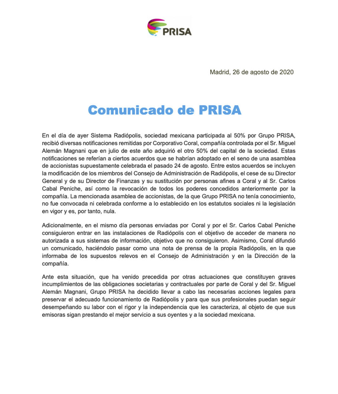 Comunicado PRISA (Foto: PRISA)