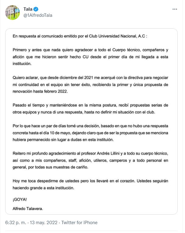 Alfredo Talavera desmintió a Pumas por su renovación: “Me hubiera quedado” (Foto: Twitter/@1AlfredoTala)