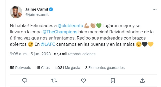 Jaime Camil defended himself from criticism for being a fan of LAFC (Twitter/ @jaimecamil)