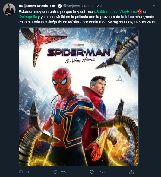 Spider-Man: No Way Home se convierte en la mejor preventa de los cines de México Foto: Twitter/@Alejandro_Ramz
