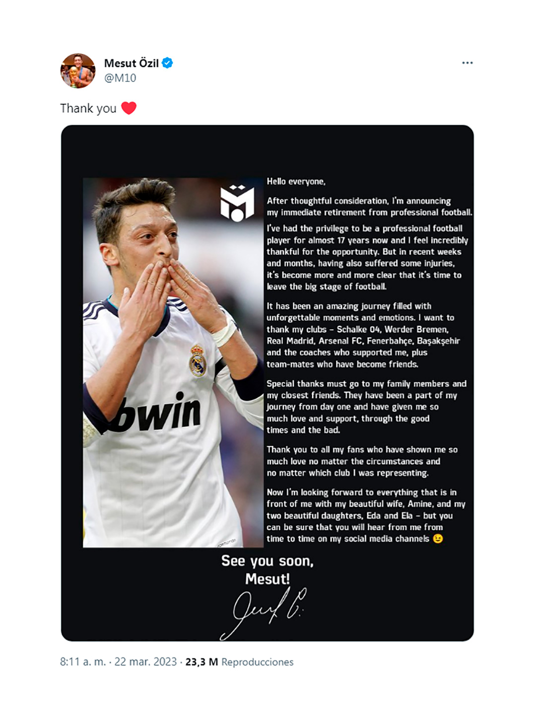 El mensaje de Mesut Özil para anunciar su retiro del fútbol