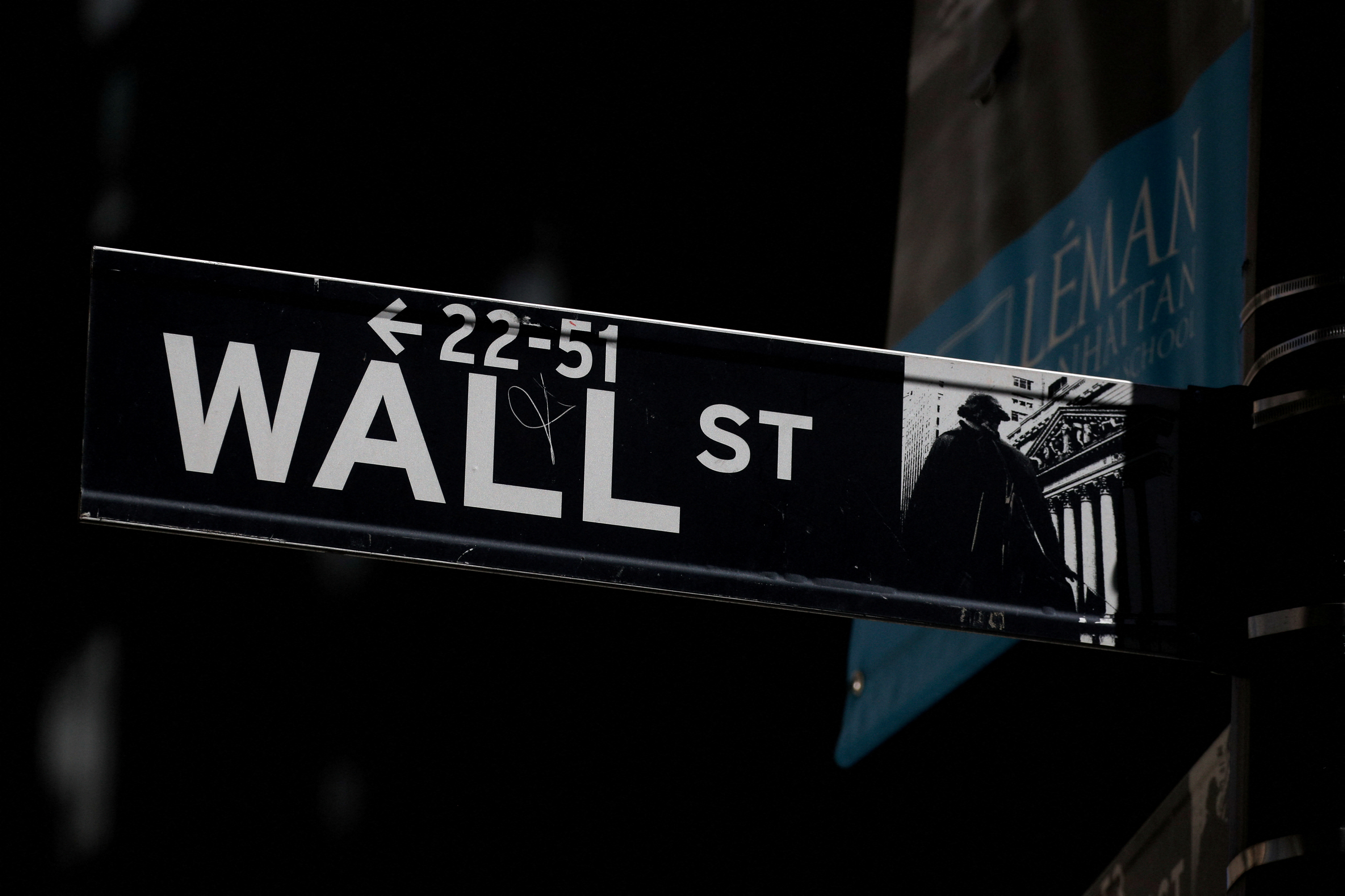 FILE PHOTO: A Wall St. street sign is seen near the New York Stock Exchange (NYSE) in New York City, U.S., September 17, 2019. REUTERS/Brendan McDermid/File Photo
