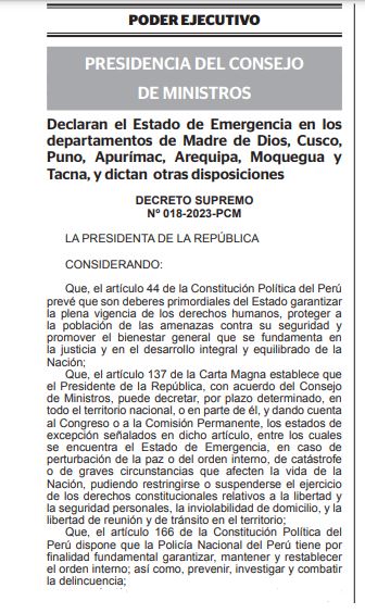 Declaratoria de Estado de Emergencia Nº 018-2023-PCM. (El Peruano)