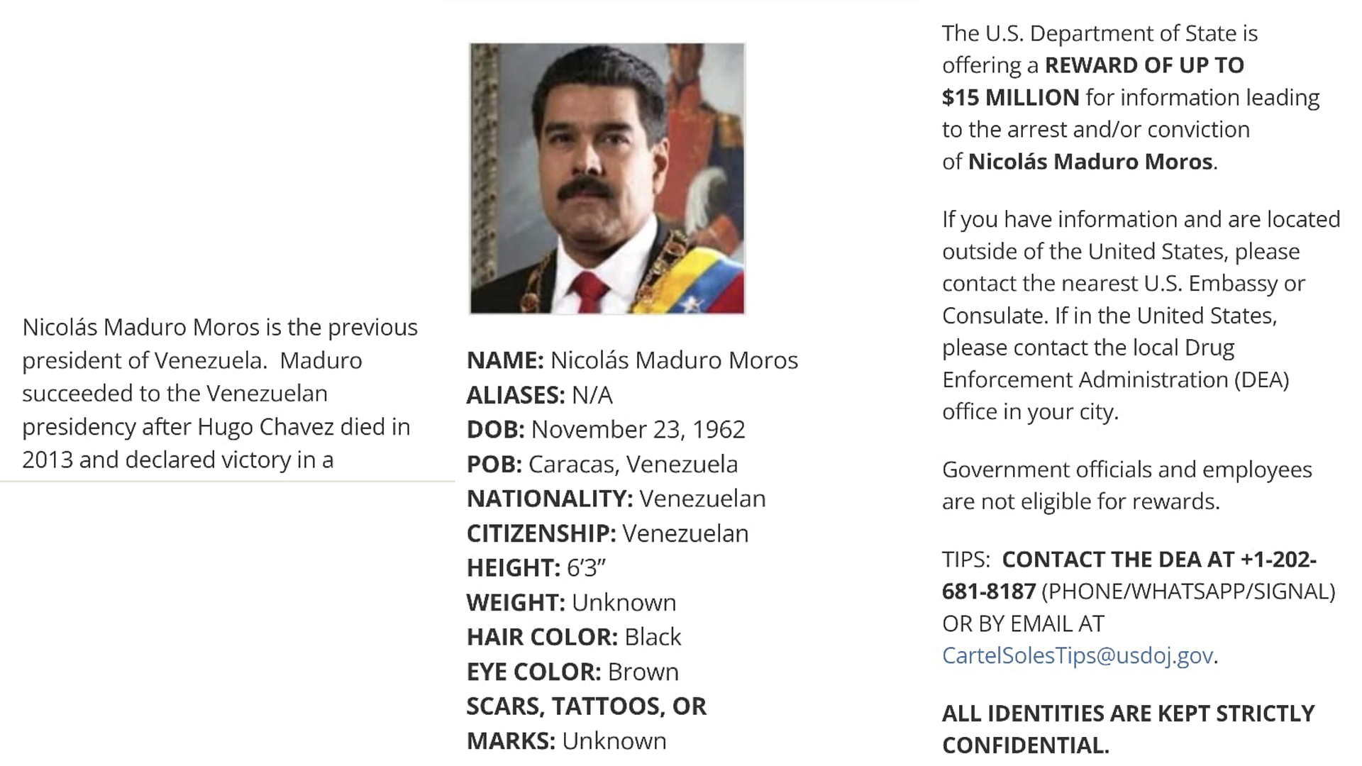 Ficha de Nicolás Maduro en el Departamento de Estado, donde es señalado de como partícipe del Cartel de los Soles, una organización narcoterrorista de Venezuela (Departamento de Estado)