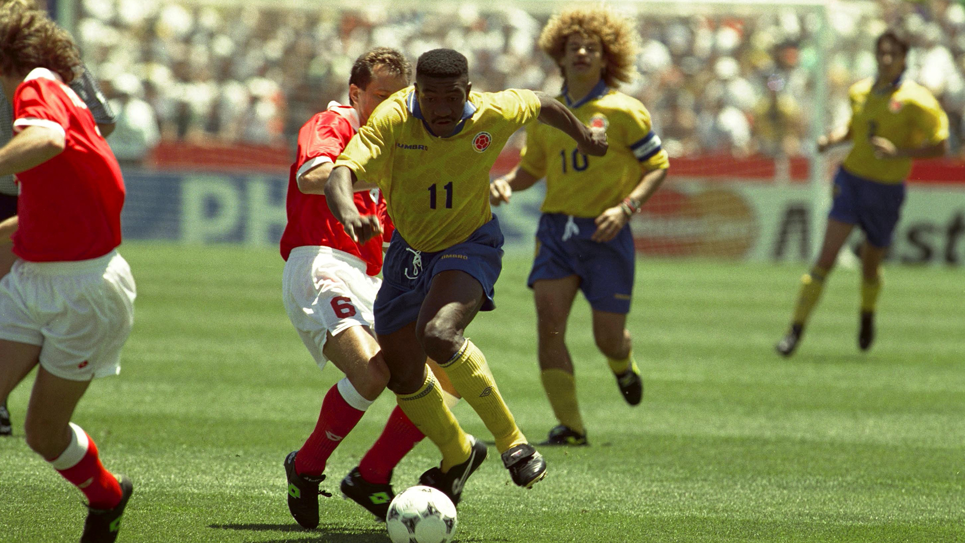 Football - 1994 FIFA World Cup - Group A - Switzerland v Colombia - Stanford Stadium, San Francisco - 26/6/94 Adolfo Valencia - Colombia in action against Georges Bregy - Switzerland Mandatory Credit:ActionImages / Action Images
