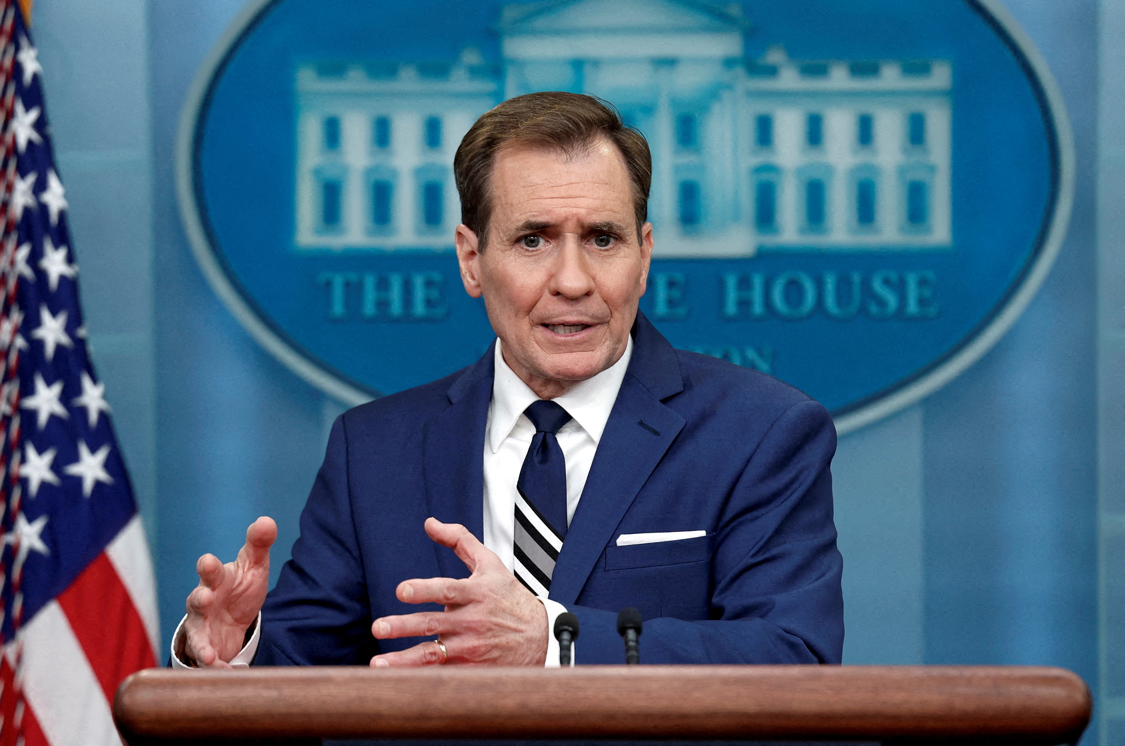 FILE PHOTO: John Kirby, NSC Coordinator for Strategic Communications, speaks during the daily press briefing at the White House in Washington