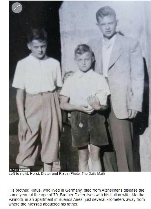 La investigación que realizó el Daily Mail siguiendo los pasos de los hijos de Adolf Eichmann, y la foto de tres de los cuatro hermanos que publicó en 2018:. Klaus es el hermano mayor (Daily Mail)
