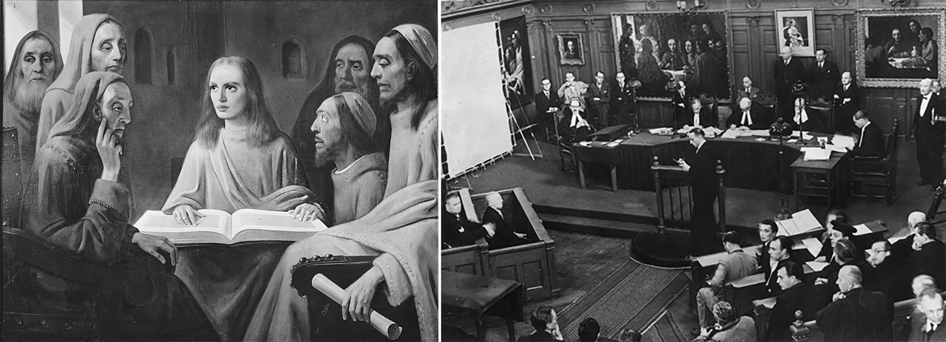 Fotografías de "Jesús entre los doctores" y del juicio a van Meeregen, donde se observan sus falsificaciones desplegadas en la sala 