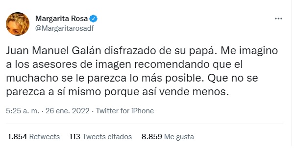 Esta es la crítica de Margarita Rosa de Francisco a Juan Manuel Galán. Foto: Twitter