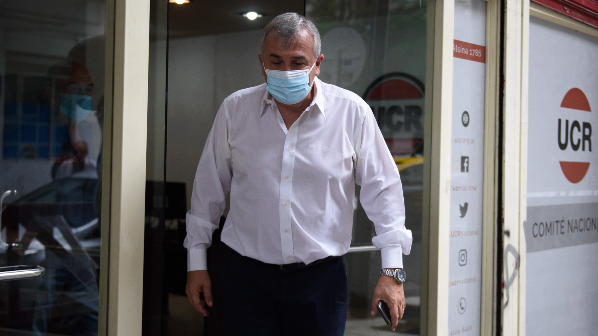Gerardo Morales, titular de la UCR, tras la reunión de la Mesa Nacional de Juntos por el Cambio (foto Adrián Escandar)