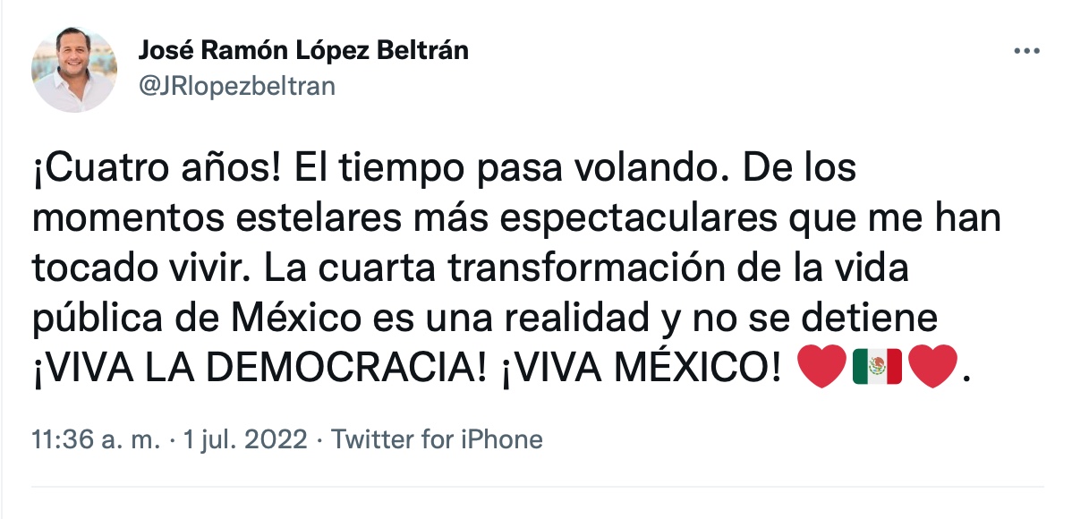 José Ramón López Beltrán celebró cuatro años del triunfo de AMLO: “Momentos estelares” (Foto: Twitter/@JRlopezbeltran)