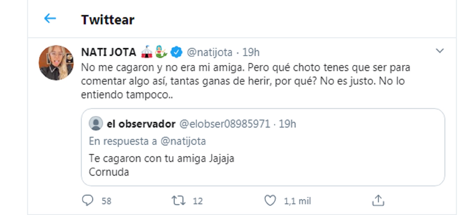 La Contundente Respuesta De Nati Jota A Un Seguidor Que Se Burló De La