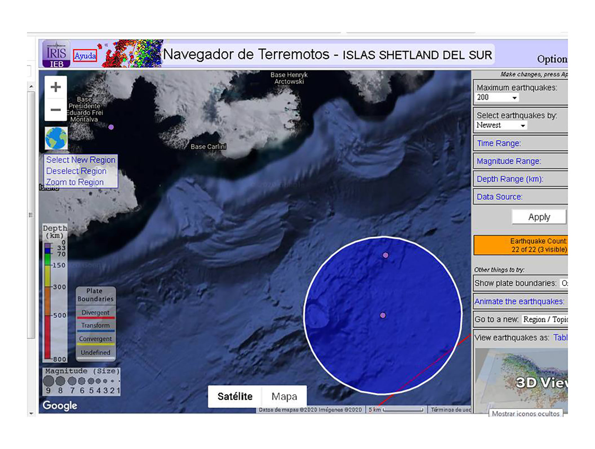 Un navegador de terremotos con información sismográfica de las Islas Shetland del Sur, donde se encuentra emplazada la estación científica Carlini