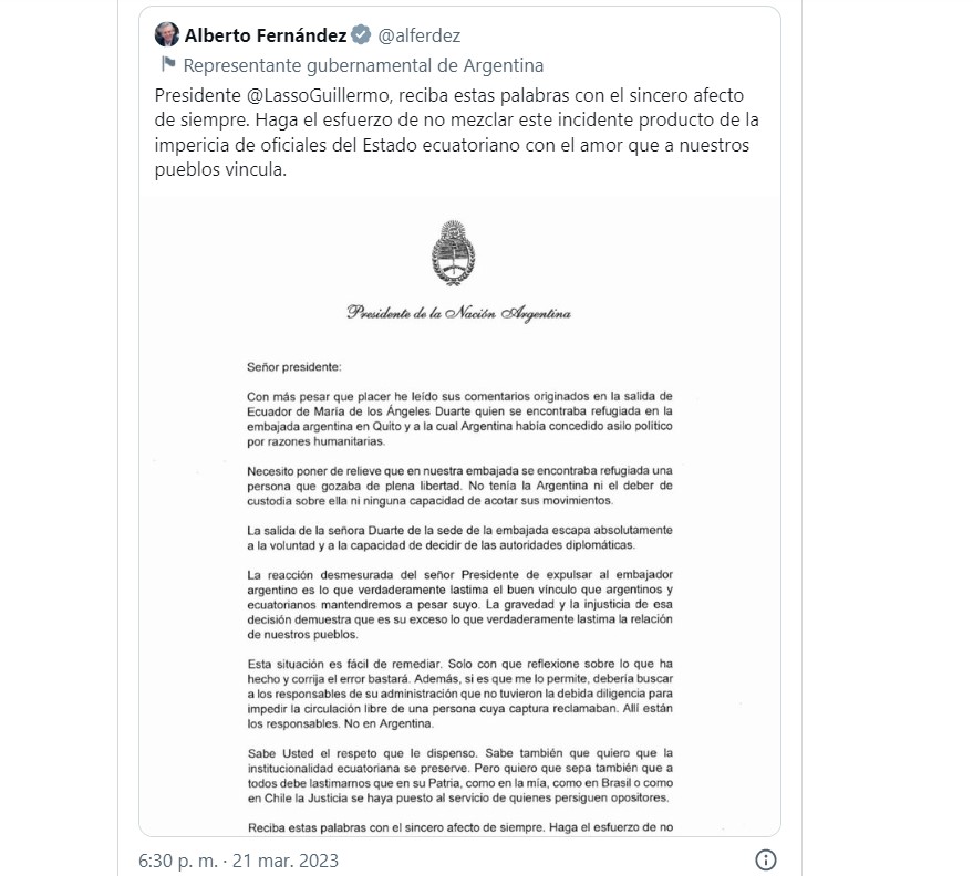 El presidente de Argentina, Alberto Fernández, envió una carta respondiendo a un tuit de Guillermo Lasso, su homólogo ecuatoriano.