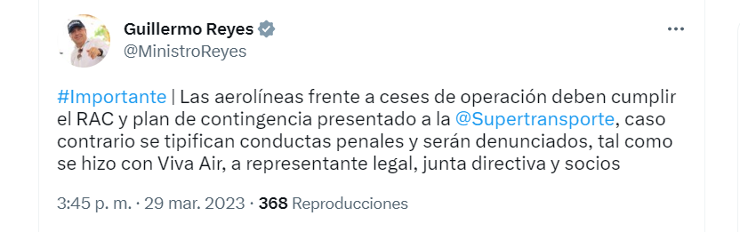 El ministro Reyes trinó sobre el anuncio de Ultra Air de suspender sus operaciones en Colombia. Twitter.