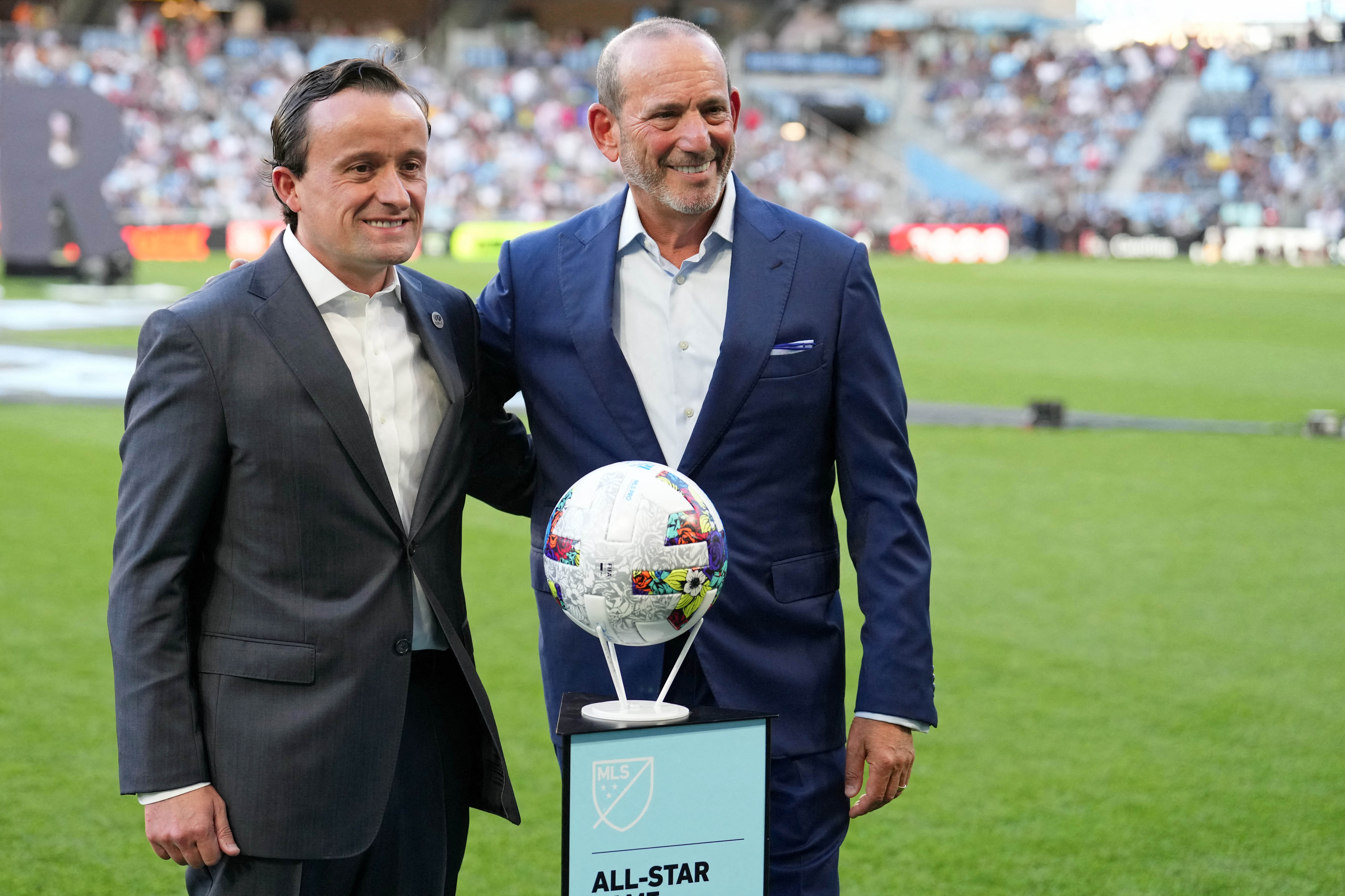 Aug 10, 2022; Saint Paul, MN, USA; Liga MX president Mikel Arriola (left) and MLS commissioner Don Garber (right) pose for a photo before the 2022 MLS All-Star Game at Allianz Field. Mandatory Credit: Brace Hemmelgarn-USA TODAY Sports
